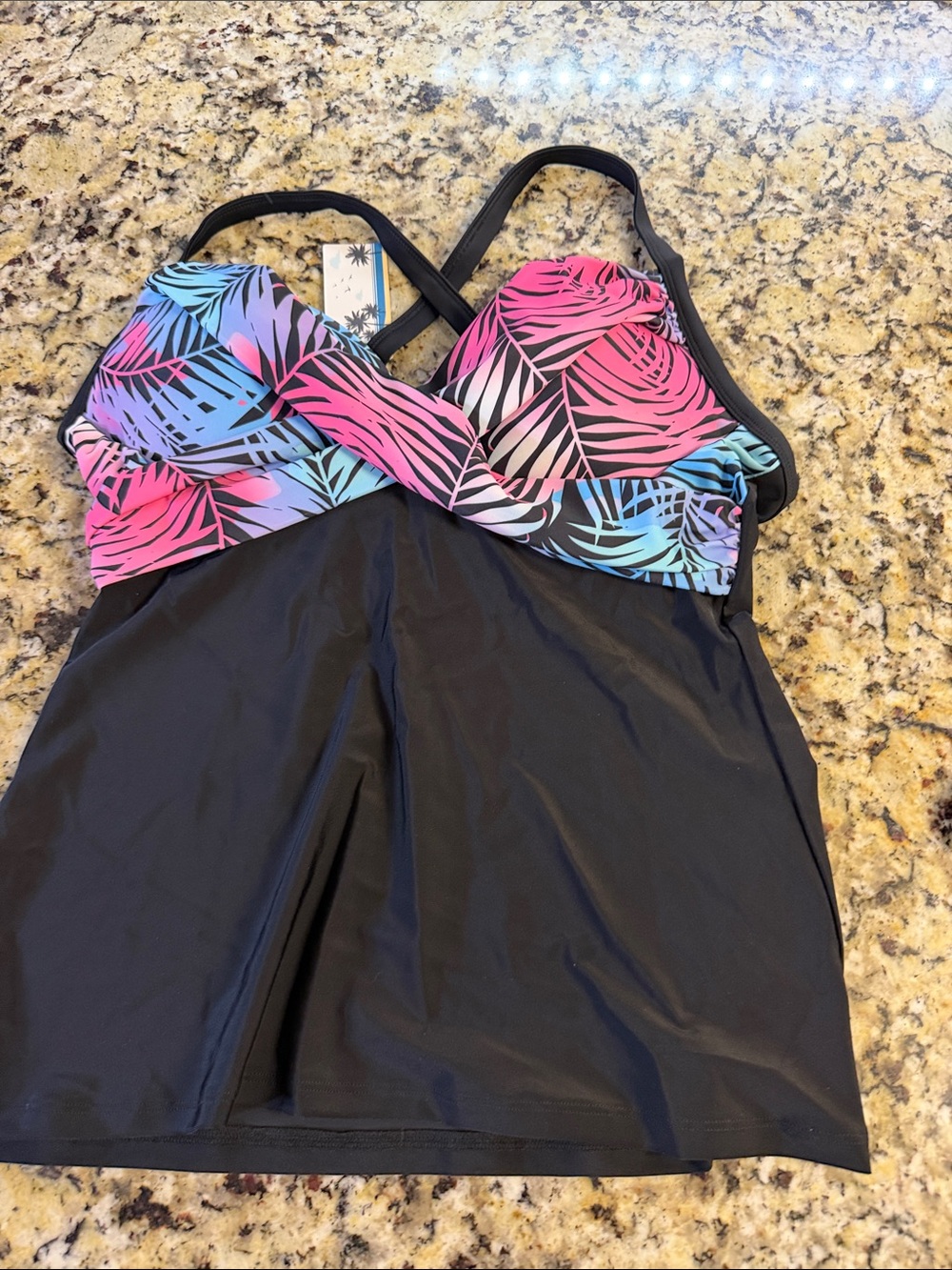 Black Tankini with Pink & Blue Tropical Leaf Print Top